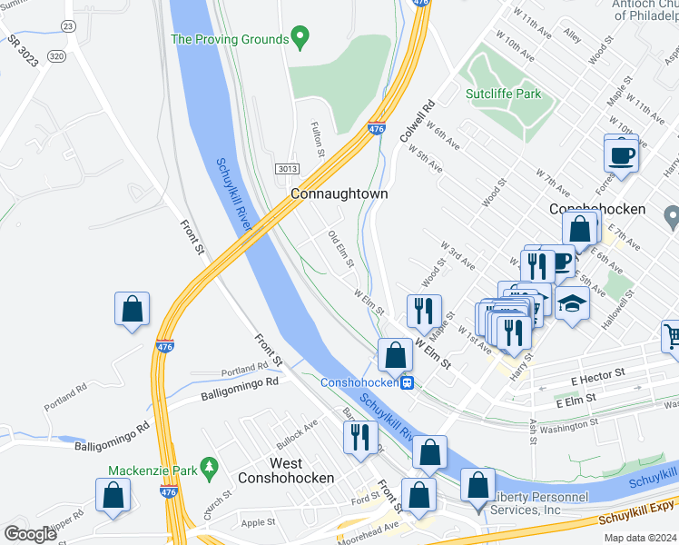 map of restaurants, bars, coffee shops, grocery stores, and more near 425 New Elm Street in Conshohocken