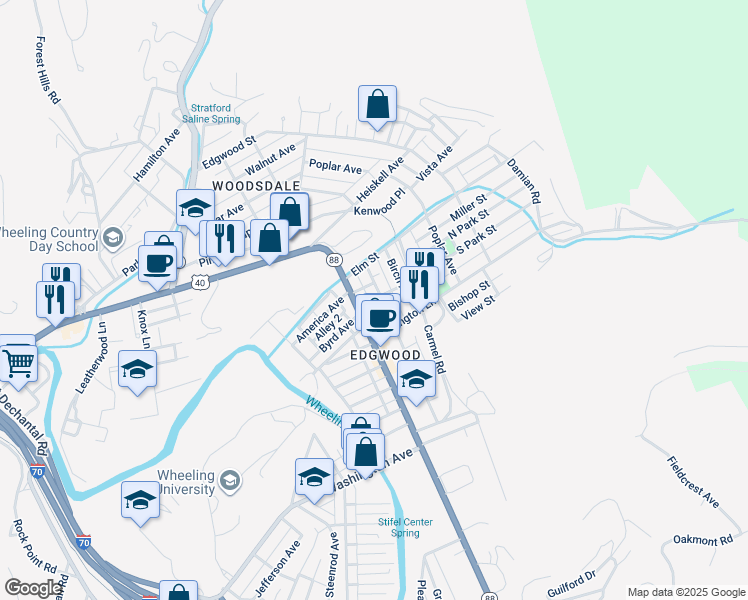 map of restaurants, bars, coffee shops, grocery stores, and more near 1095 National Road in Wheeling
