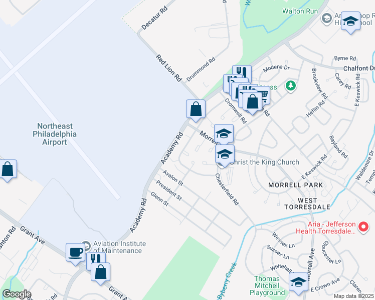 map of restaurants, bars, coffee shops, grocery stores, and more near 3203 Thornbrook Pl in Philadelphia