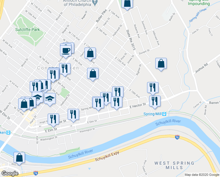 map of restaurants, bars, coffee shops, grocery stores, and more near 401 East 9th Avenue in Conshohocken