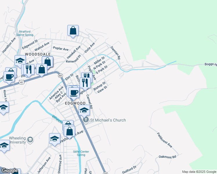 map of restaurants, bars, coffee shops, grocery stores, and more near 49 View Street in Wheeling