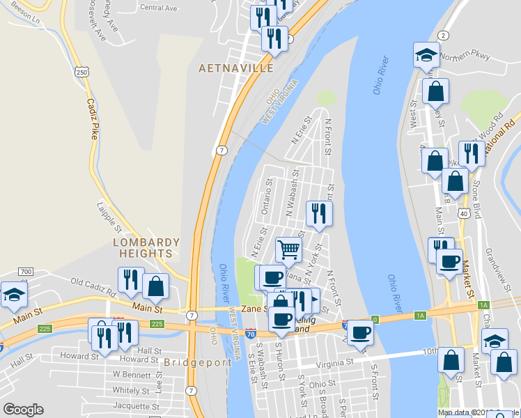 map of restaurants, bars, coffee shops, grocery stores, and more near 418 Ontario Street in Wheeling
