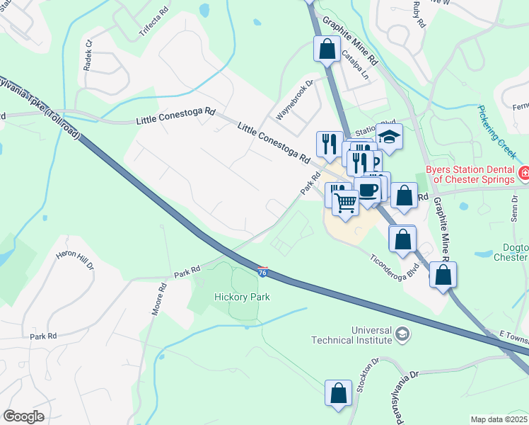 map of restaurants, bars, coffee shops, grocery stores, and more near 51 Lila Lane in Downingtown