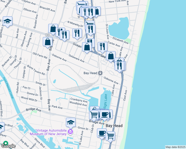 map of restaurants, bars, coffee shops, grocery stores, and more near 141 Osborn Avenue in Bay Head
