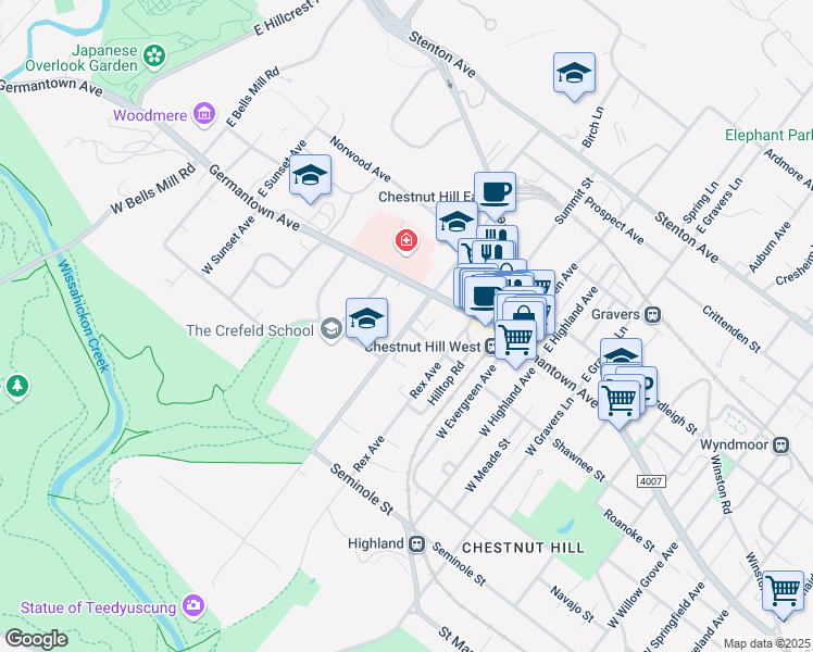 map of restaurants, bars, coffee shops, grocery stores, and more near West Chestnut Hill Avenue in Philadelphia