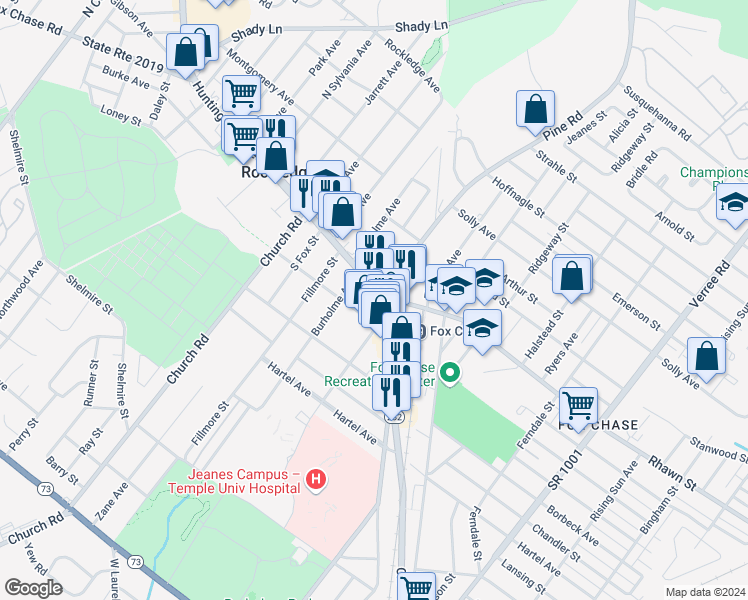 map of restaurants, bars, coffee shops, grocery stores, and more near 7980 Pennsylvania 232 in Philadelphia