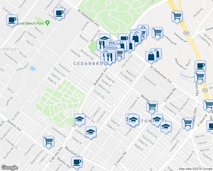 map of restaurants, bars, coffee shops, grocery stores, and more near 8302 Fayette Street in Philadelphia