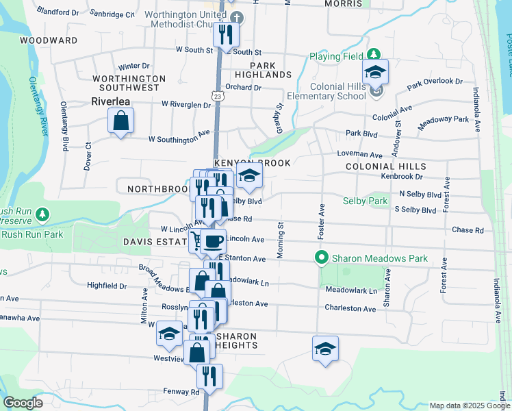 map of restaurants, bars, coffee shops, grocery stores, and more near 91 East Selby Boulevard in Worthington