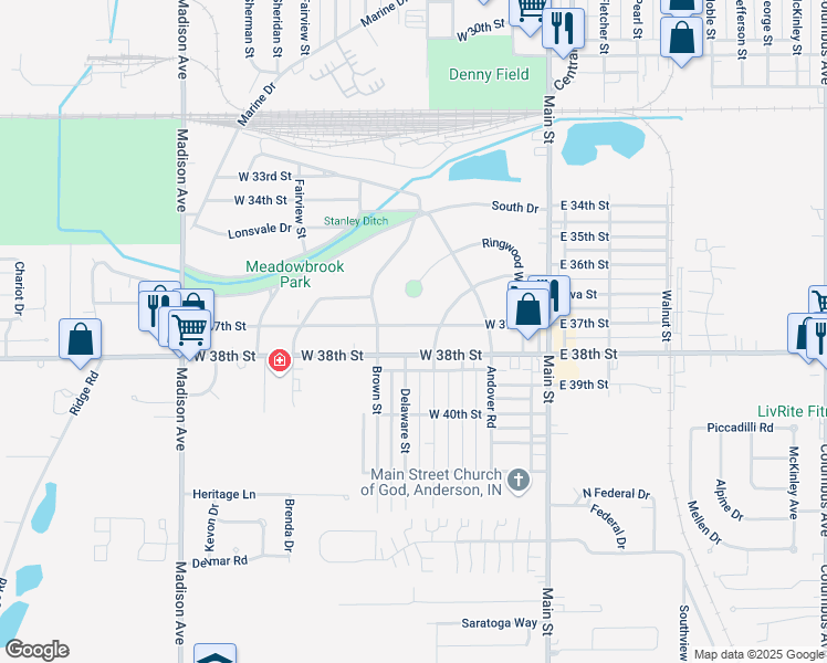 map of restaurants, bars, coffee shops, grocery stores, and more near 219 W 37th St in Anderson