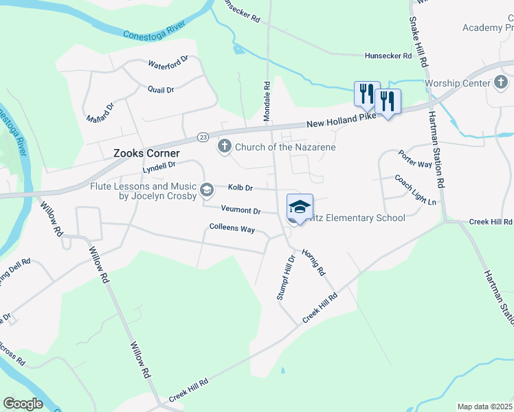 map of restaurants, bars, coffee shops, grocery stores, and more near 2193 Veumont Dr in Lancaster