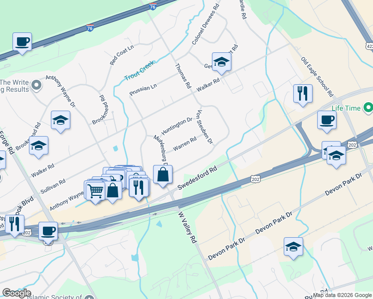 map of restaurants, bars, coffee shops, grocery stores, and more near 400 Warren Road in Wayne