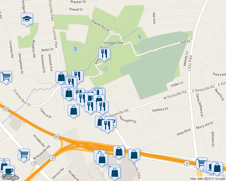 map of restaurants, bars, coffee shops, grocery stores, and more near 147 Foxshire Drive in Lancaster