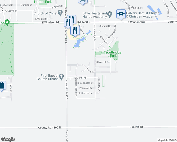 map of restaurants, bars, coffee shops, grocery stores, and more near 1702 Trails Drive in Urbana