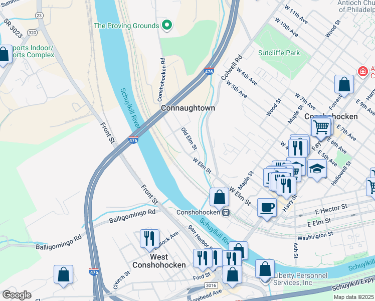 map of restaurants, bars, coffee shops, grocery stores, and more near West Elm Street in Conshohocken