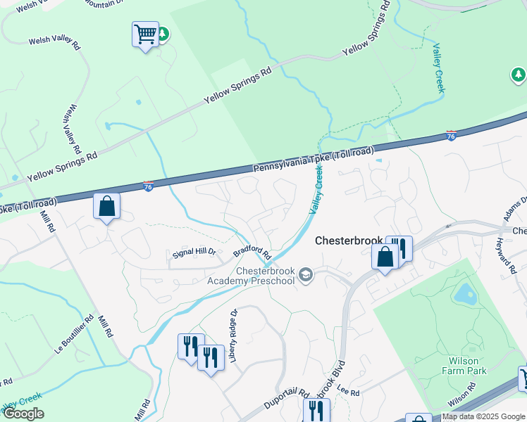 map of restaurants, bars, coffee shops, grocery stores, and more near 102 Valley Stream Circle in Chesterbrook