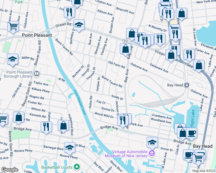 map of restaurants, bars, coffee shops, grocery stores, and more near 1409 Joseph Street in Point Pleasant
