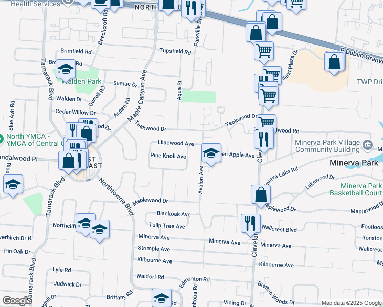 map of restaurants, bars, coffee shops, grocery stores, and more near 5276 Plumwood Street in Columbus
