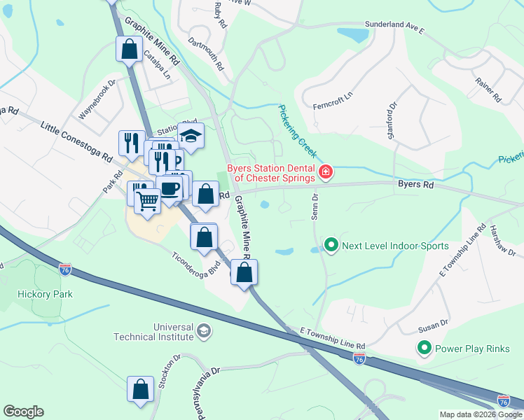 map of restaurants, bars, coffee shops, grocery stores, and more near 168 Byers Road in Chester Springs