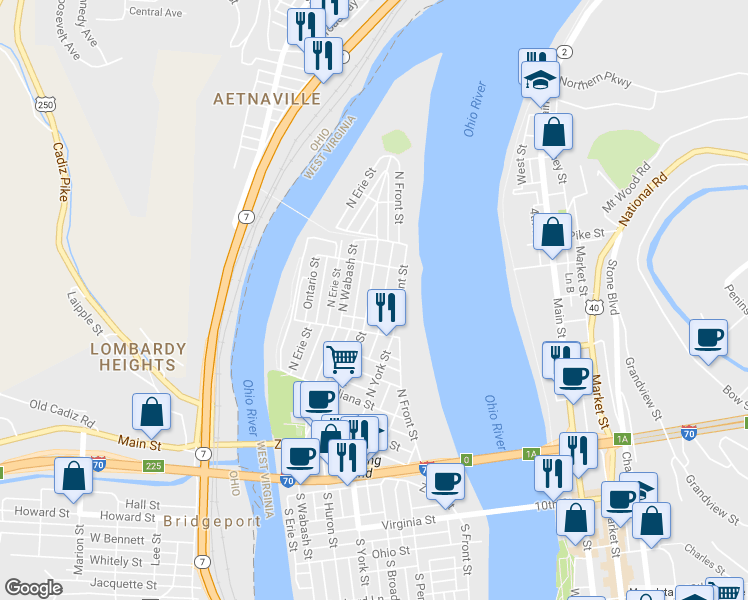 map of restaurants, bars, coffee shops, grocery stores, and more near 424 North Huron Street in Wheeling