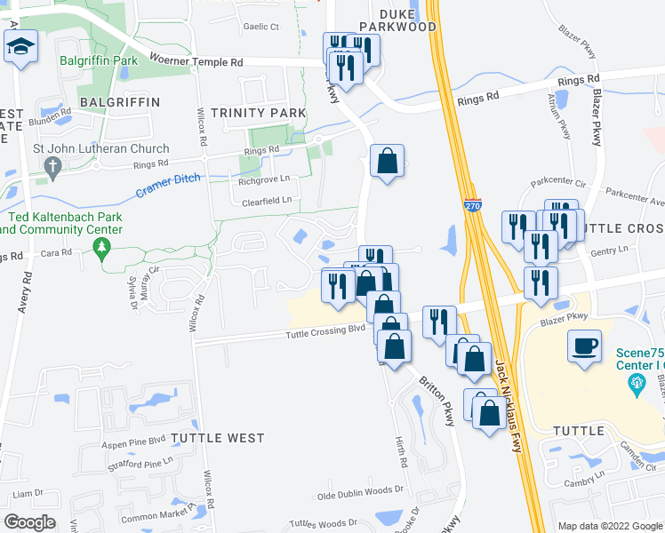 map of restaurants, bars, coffee shops, grocery stores, and more near 5673 Briardale Court in Dublin
