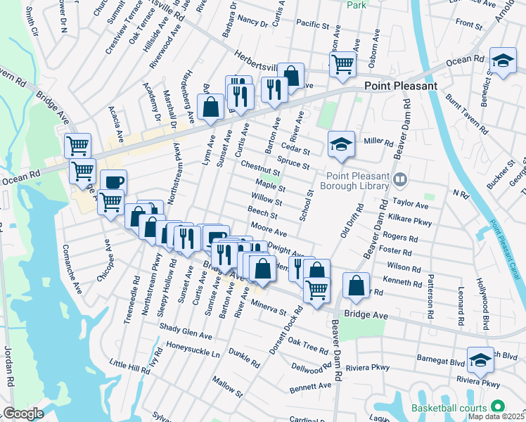 map of restaurants, bars, coffee shops, grocery stores, and more near 1106 River Avenue in Point Pleasant