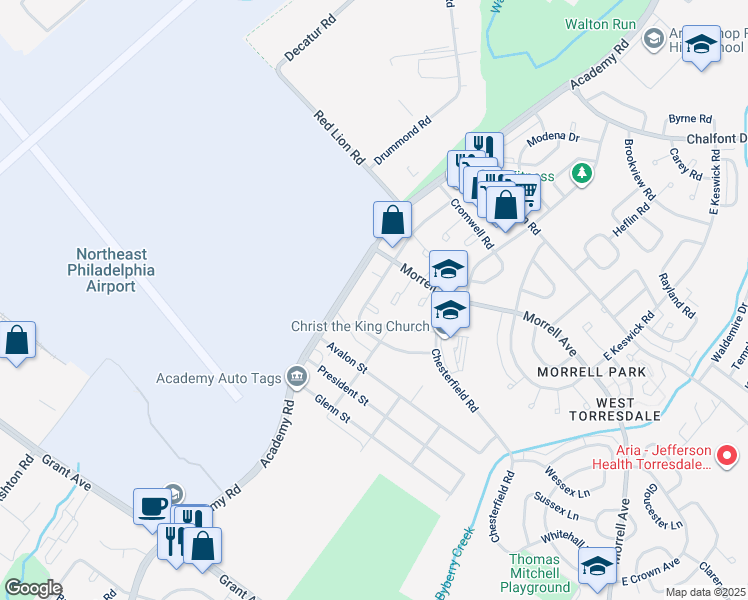map of restaurants, bars, coffee shops, grocery stores, and more near 3201 Thornbrook Place in Philadelphia