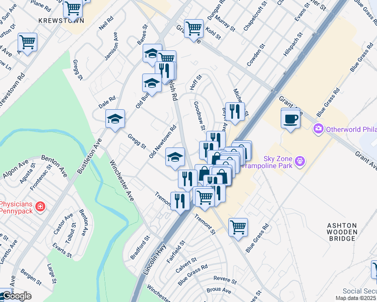 map of restaurants, bars, coffee shops, grocery stores, and more near 2089 Welsh Road in Philadelphia