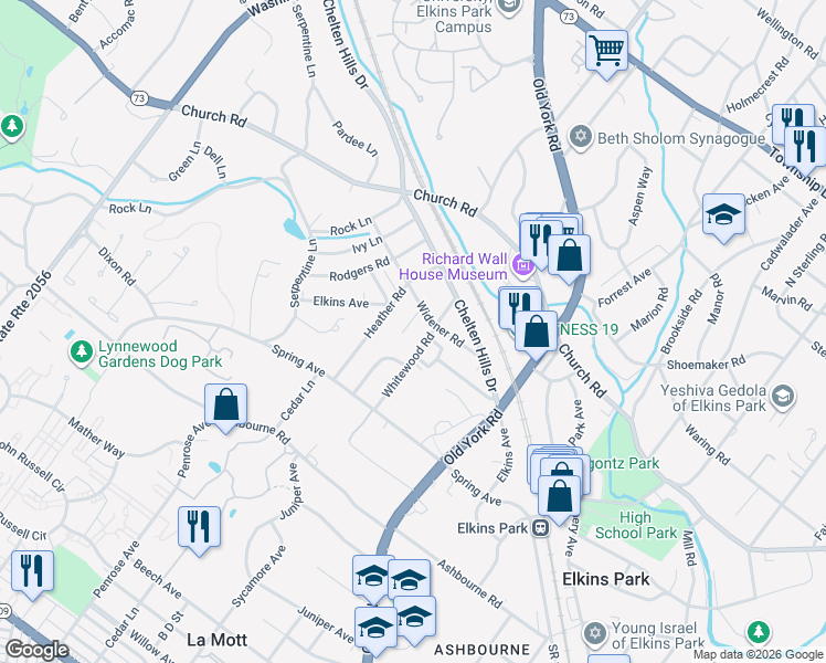 map of restaurants, bars, coffee shops, grocery stores, and more near 7905 Glen Oak Road in Elkins Park