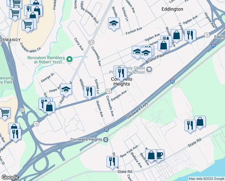 map of restaurants, bars, coffee shops, grocery stores, and more near 2135 Bristol Pike in Bensalem