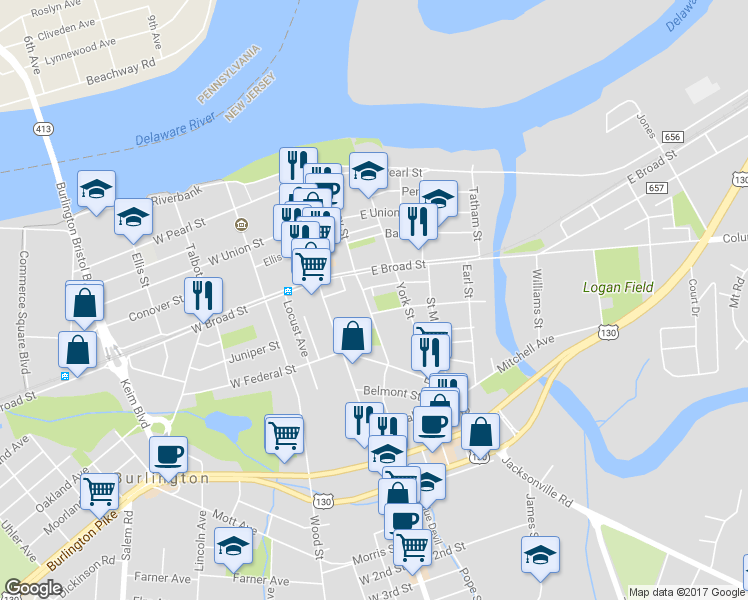 map of restaurants, bars, coffee shops, grocery stores, and more near 415 Lawrence Street in Burlington