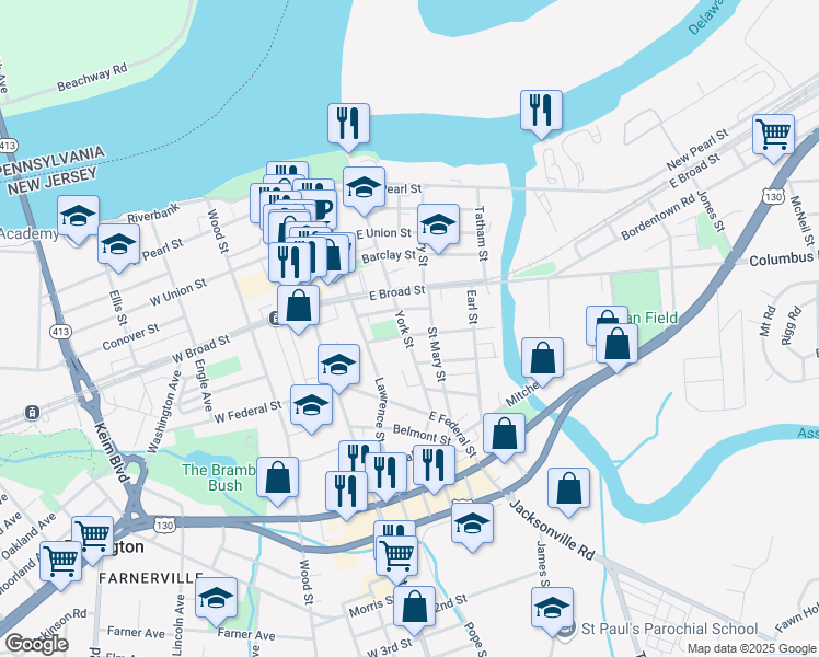 map of restaurants, bars, coffee shops, grocery stores, and more near 449 York Street in Burlington