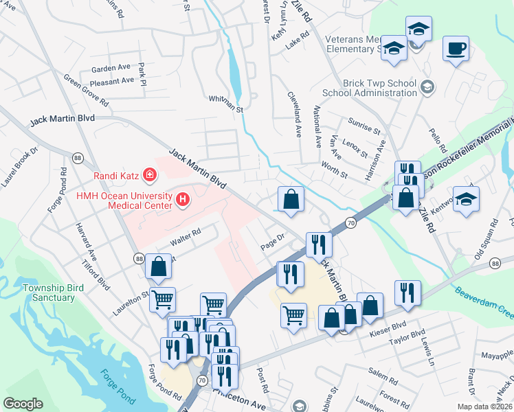 map of restaurants, bars, coffee shops, grocery stores, and more near 388 Quadara Boulevard in Brick Township