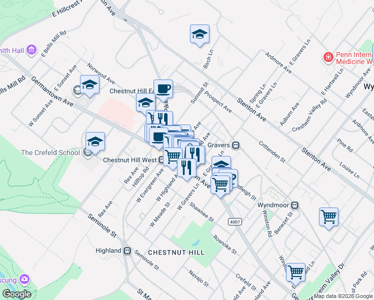 map of restaurants, bars, coffee shops, grocery stores, and more near 201 East Highland Avenue in Philadelphia