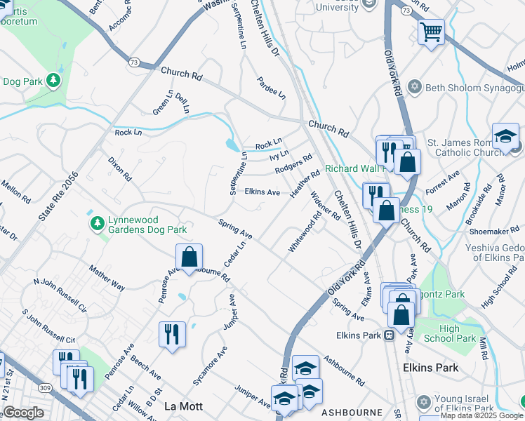 map of restaurants, bars, coffee shops, grocery stores, and more near 806 Hilton Lane in Elkins Park