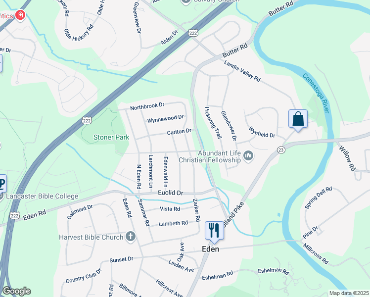 map of restaurants, bars, coffee shops, grocery stores, and more near 1901 Northbrook Dr in Lancaster