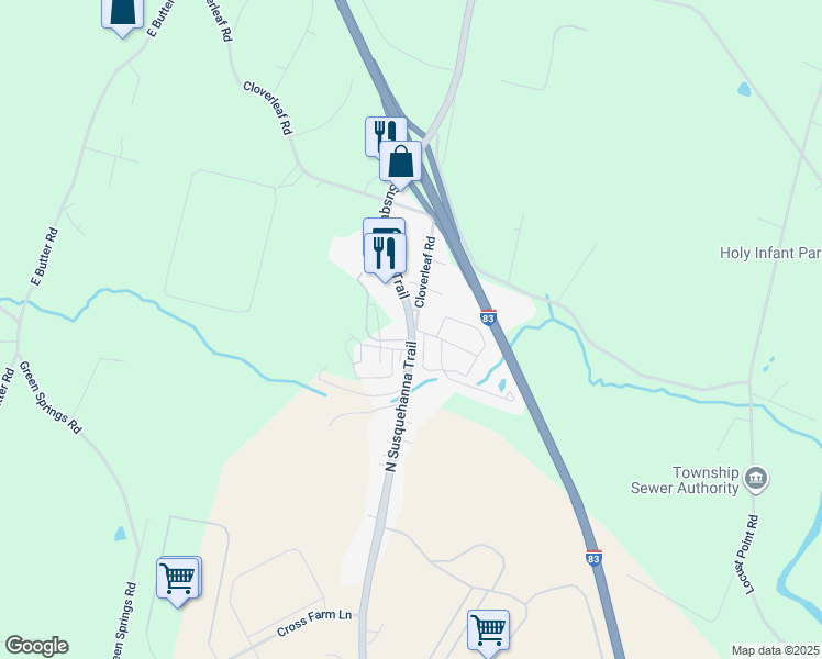 map of restaurants, bars, coffee shops, grocery stores, and more near 2850 North Susquehanna Trail in York