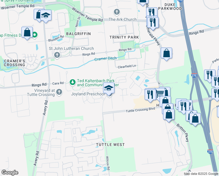 map of restaurants, bars, coffee shops, grocery stores, and more near Wilcox Rd & Crossing Ln in Dublin