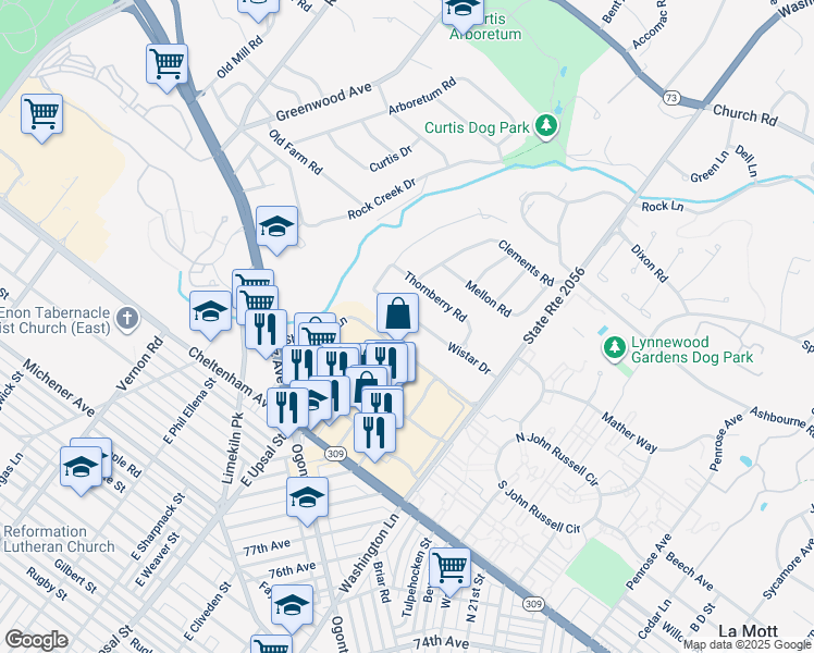 map of restaurants, bars, coffee shops, grocery stores, and more near 1480 Wistar Drive in Wyncote