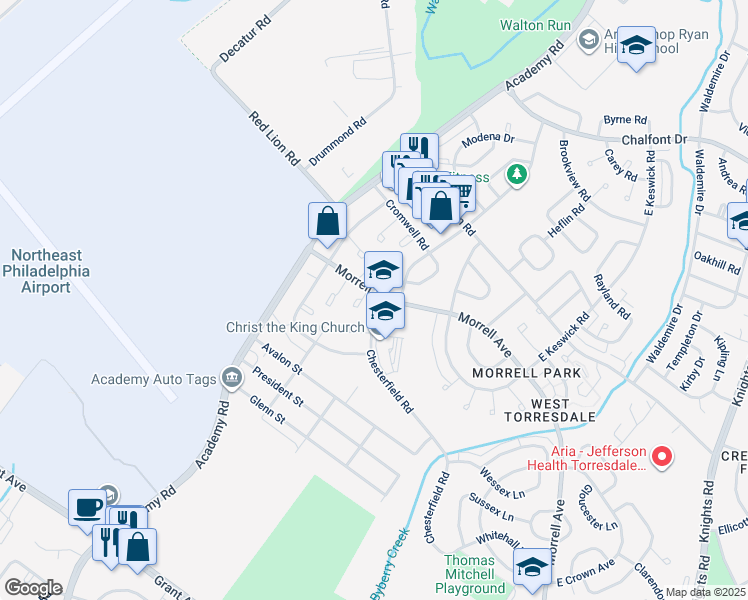 map of restaurants, bars, coffee shops, grocery stores, and more near 3250 Morrell Avenue in Philadelphia