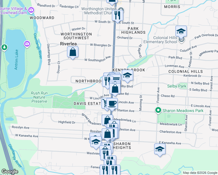 map of restaurants, bars, coffee shops, grocery stores, and more near in Worthington