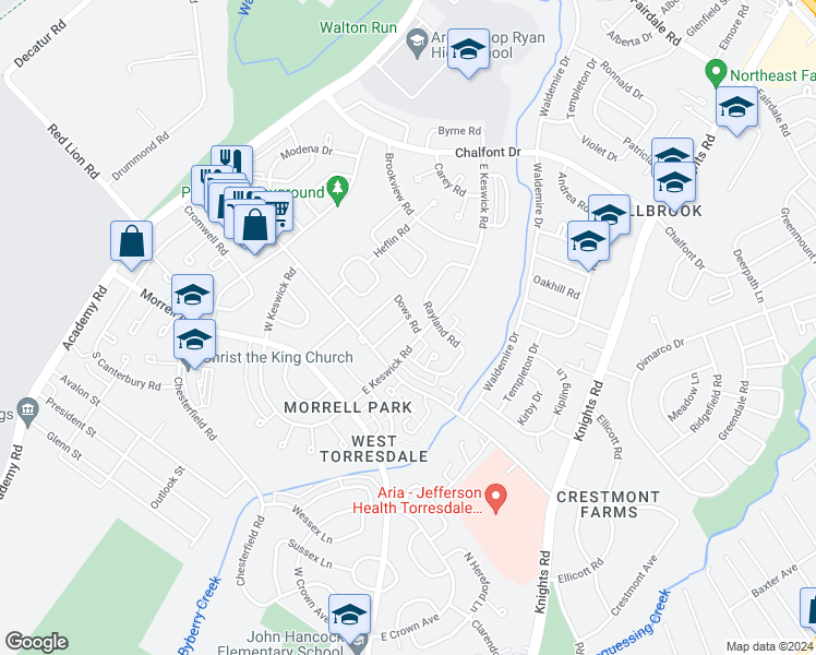 map of restaurants, bars, coffee shops, grocery stores, and more near 3592 Dows Road in Philadelphia
