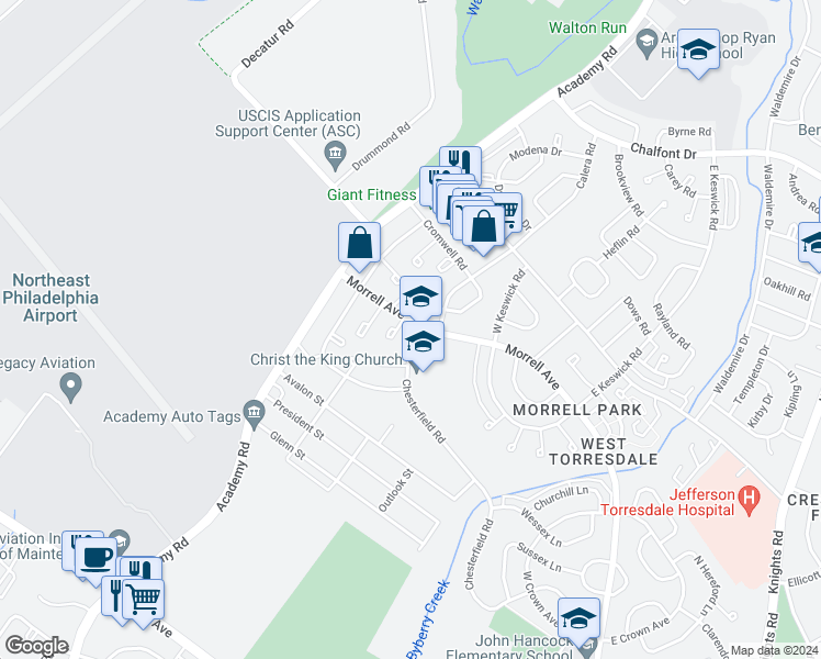 map of restaurants, bars, coffee shops, grocery stores, and more near 3250 Morrell Avenue in Philadelphia