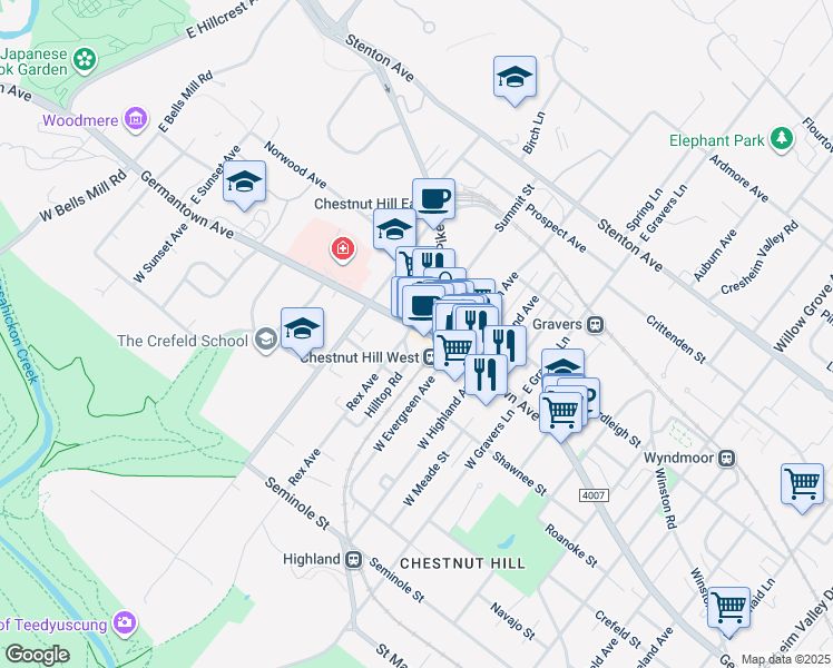 map of restaurants, bars, coffee shops, grocery stores, and more near 8634 Germantown Avenue in Philadelphia