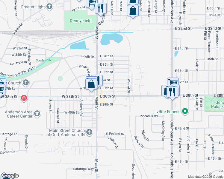 map of restaurants, bars, coffee shops, grocery stores, and more near 3705 Fletcher Street in Anderson