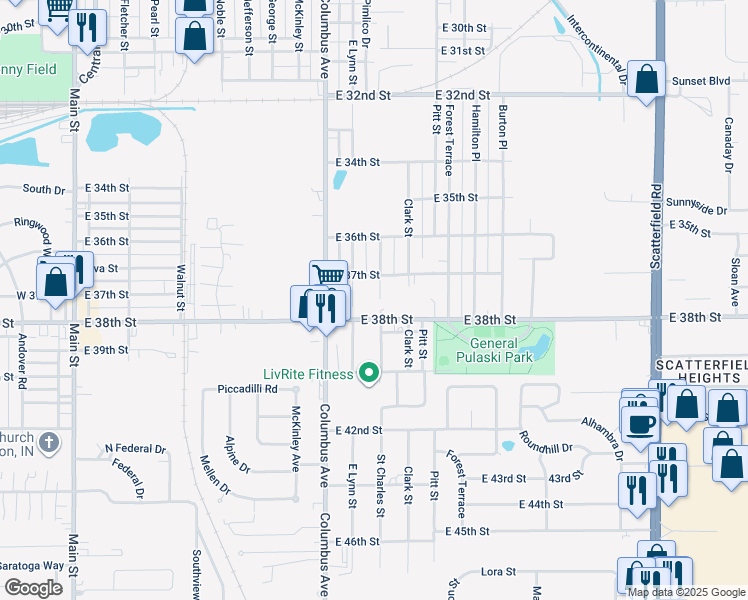 map of restaurants, bars, coffee shops, grocery stores, and more near 3719 Saint Charles Street in Anderson