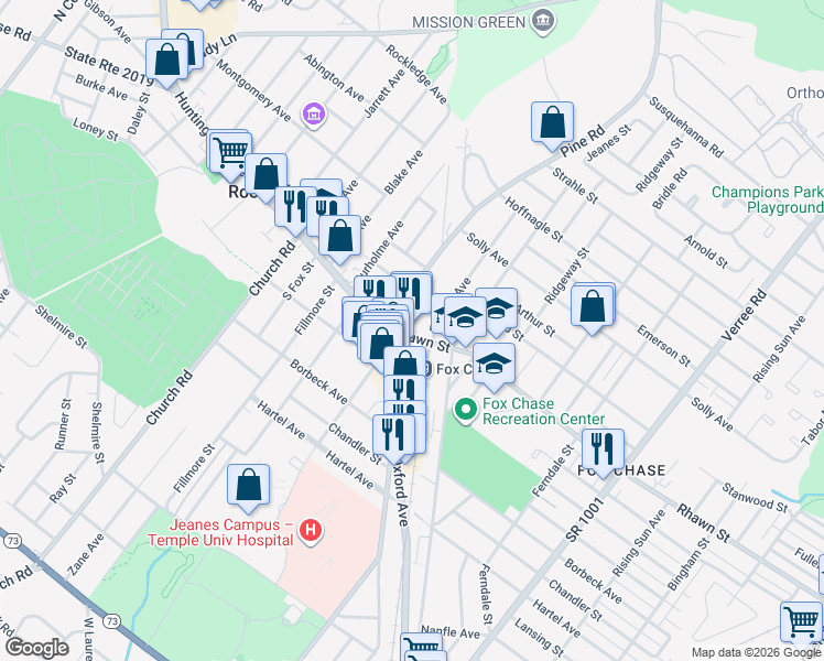 map of restaurants, bars, coffee shops, grocery stores, and more near 427 Rhawn Street in Philadelphia