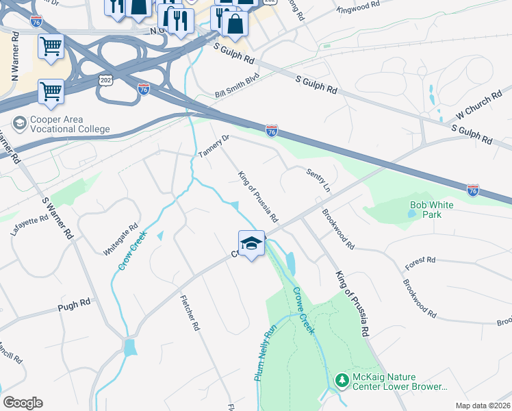 map of restaurants, bars, coffee shops, grocery stores, and more near 357 King of Prussia Road in Wayne