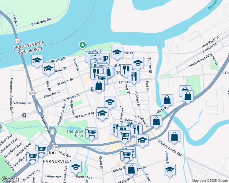 map of restaurants, bars, coffee shops, grocery stores, and more near 420 Lawrence Street in Burlington