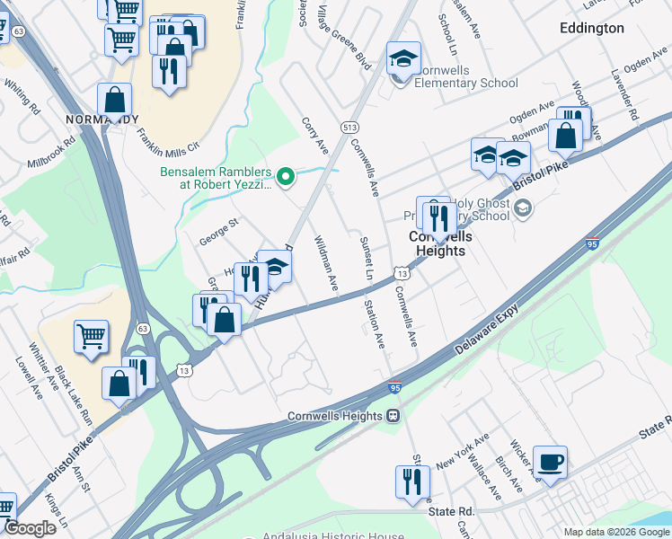 map of restaurants, bars, coffee shops, grocery stores, and more near 1051 Wildman Avenue in Bensalem