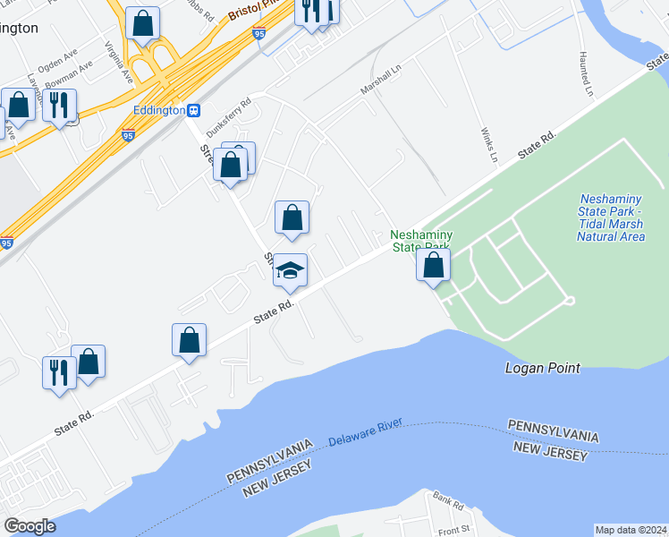 map of restaurants, bars, coffee shops, grocery stores, and more near 3126 State Road in Bensalem